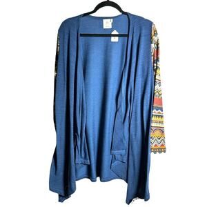 GRACE & EMMA Blue Open Front Cardigan Aztec or Southwestern Print Sleeves Sz S/M